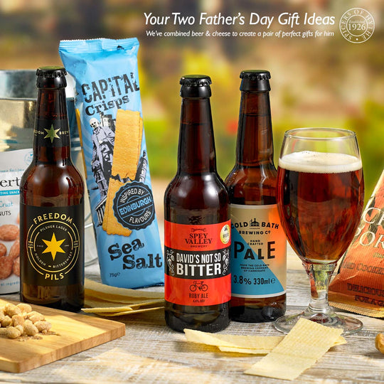 Beer on a table top alongside snacks featured in the Father's Day gifts that have been mentioned in this blog post.