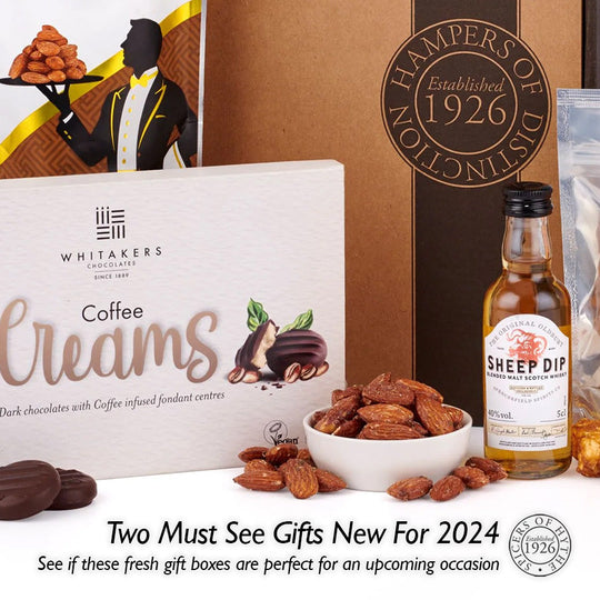 A cover for 2 new gifts for 2024, depicting the Whisky Lovers gift box in the background